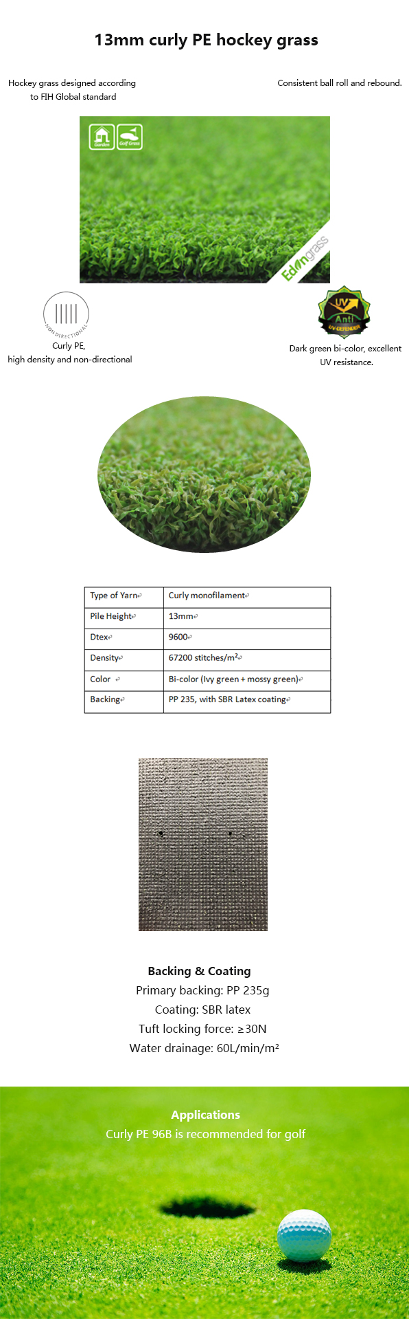 Höhe des Übungsgrün-synthetisches Rasen-Golf-künstliche Gras-13m haltbar 0